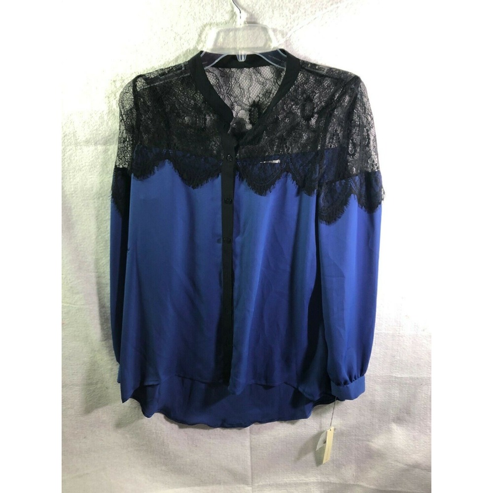 Lauren Conrad Blouse Shirt Top Womens Size XS lace Button Up Polyester Blue NWT